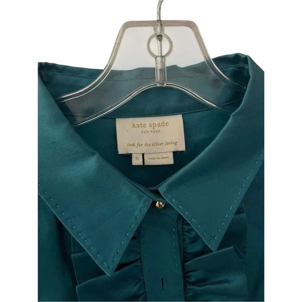 Kate Spade Bethanne Mini Shirt Dress Silk Blend Teal Blue Ruffle Pockets S FLAW